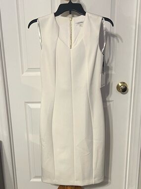 Calvin Klein White Midi Sheath Dress with Gold Zip